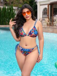 SHEIN Swim Curve Plus Size Women's Printed Halter Swimwear Tankini Set With Drawstring Bottom, Bohemian Style For Pool & Beach