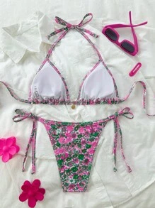 SHEIN Swim Women's Ditsy Floral Spaghetti Strap Ruffled Bikini Set, Sexy Summer - Multicolor - View 2