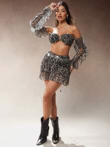 Hauture Conjunto de top bandeau y falda con estampado de leopardo y encaje
