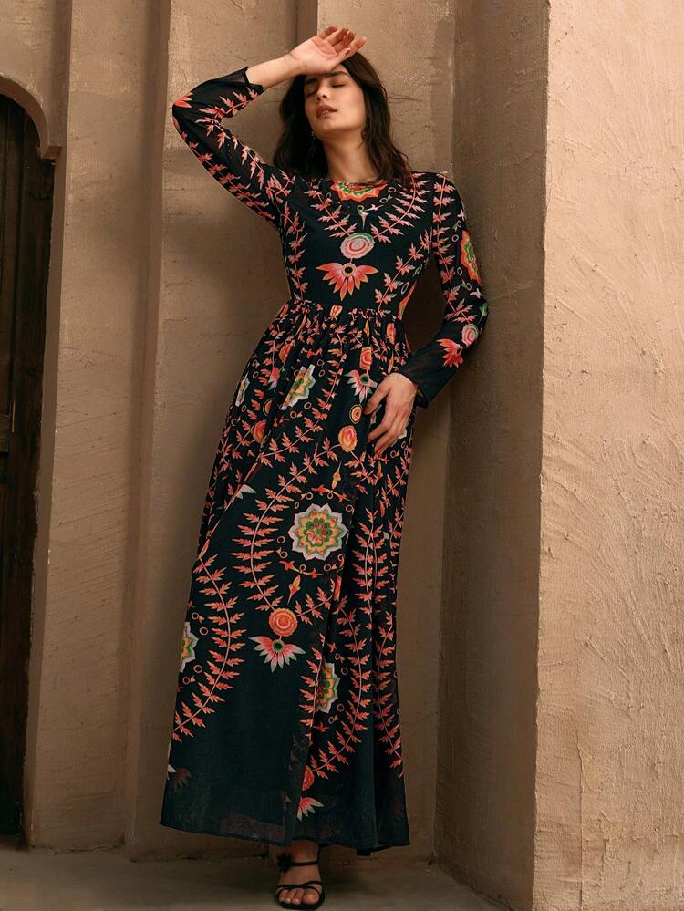 Damen elegantes langes Kleid aus gewebter Chiffon mit Positionsdruck, für den Frühling, lässig, modern, für den Urlaub, Festival