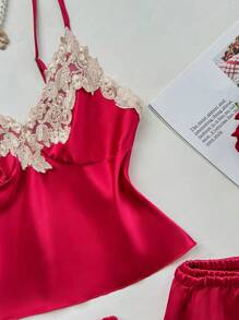 SilkySpell 3pcs Women Sleepwear Set: Contrast Trim Elegant Satin Camisole Shorts And Long Pants