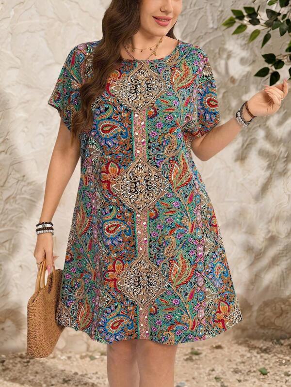 SHEIN LUNE Plus Size Women's Summer Bohemian Print Crew Neck Short-Sleeved Dress Boho/Bohemian,Holiday Outfits,Resort Dresses,  Outdoor Essential For Daily Wear Sundress