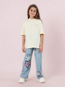 SUMWON Oversized Happy Face T-Shirt Graphic Print Back Design Summer Casual Tween Girls Top Circle Text Festival Streetwear Cotton Tee - Apricot - View 4