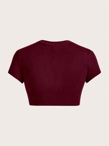 SHEIN ICON 休闲玫红色圆领短袖短款修身T恤女款，适合夏季 - 酒紅色 - 查看 2