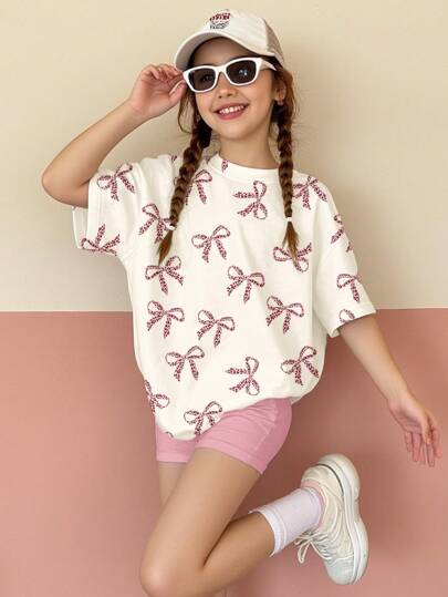 SHEIN Leap Crew Tween Girl Casual Loose Fit Pink Leopard Bow Graphic Short Sleeve T-Shirt & Shorts Set, Suitable For Summer Summer Outfits