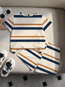 SHEIN Explorewe 小男孩泰迪熊条纹印花圆领短袖 T 恤和短裤套装（带吊带） - 橘色 - 查看 2