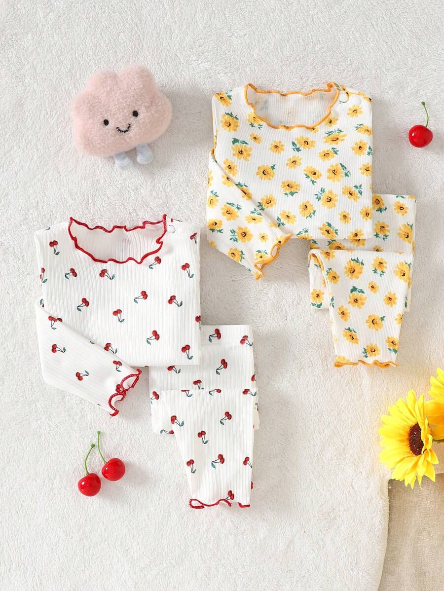 4pcs Baby Girl Flower Pattern Ruffle Trim Round Neck Long Sleeve Top And Long Pants Comfortable Homewear Pajama Set - Multicolor - View 1