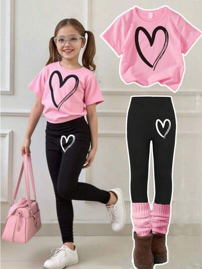 Young Girl Casual Fashionable Creative Cute Graphic Letter Print Tee And Leggings 2-Piece Set, School, Campus, College