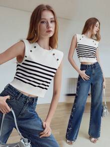 MOTF STUDIO STRIPED BUTTON DECOR SWEATER