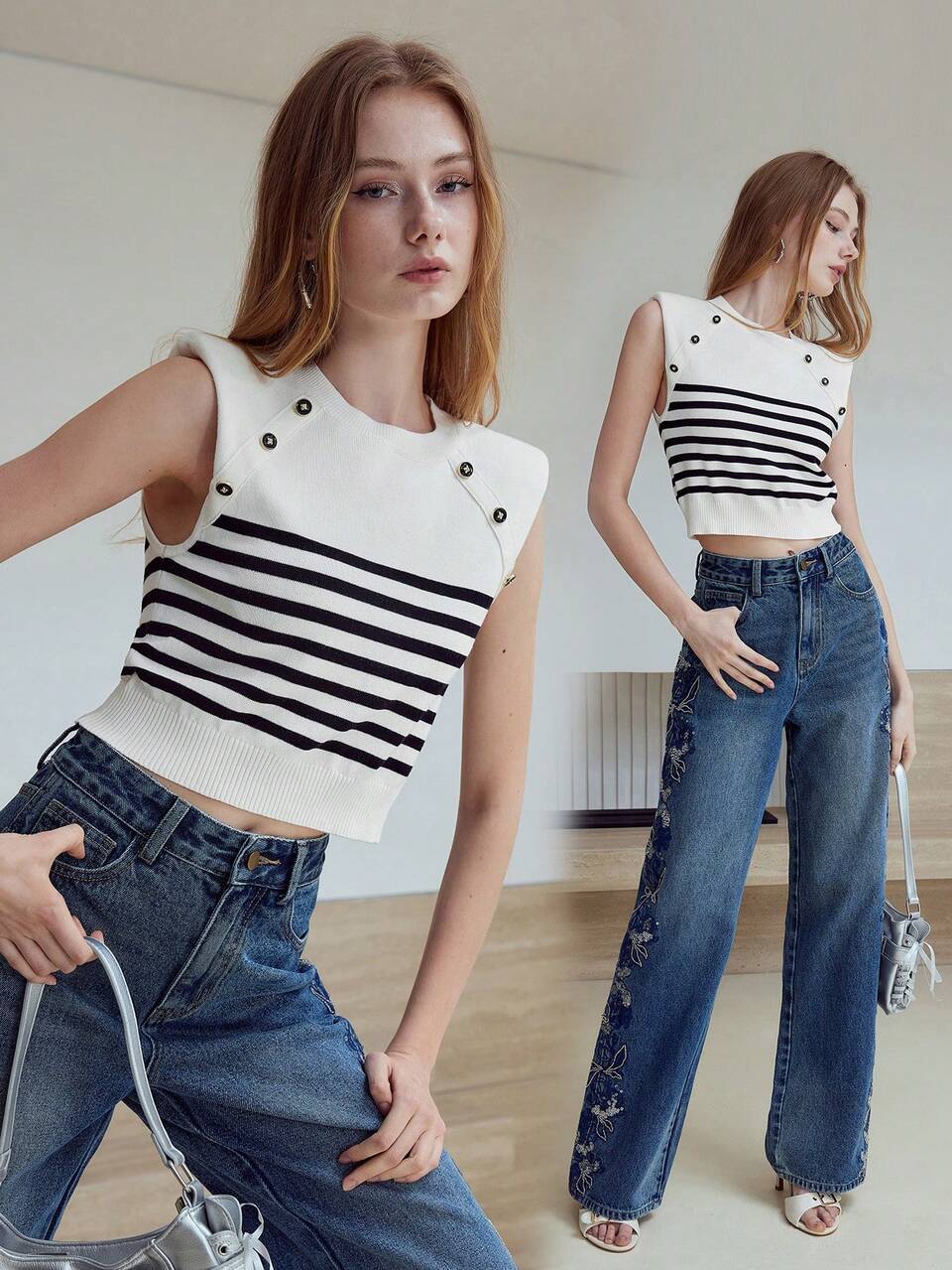 MOTF STUDIO STRIPED BUTTON DECOR SWEATER