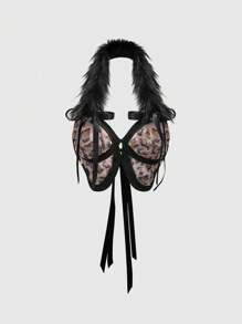 ROMWE J-Fashion 豹纹仿皮草拼布蝴蝶结性感挂脖背心 - 粉色 - 查看 1