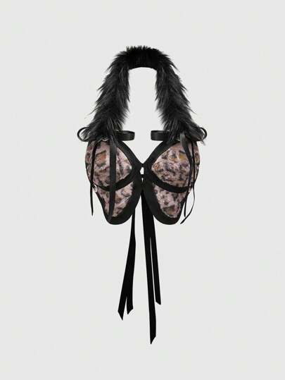 J-Fashion Leopard Print Faux Fur Patchwork Bowknot Sexy Halter Neck Tank Top
