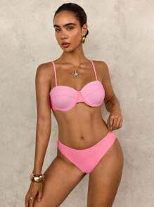 SHEIN Swim Conjunto de bikini con aros y almohadillas push-up con bloques de color para mujer, divertido y lindo