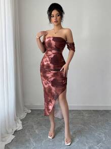 Elenzga 女士优雅露肩扎染开衩修身连衣裙，秋季长款女装 - 咖啡棕 - 查看 6