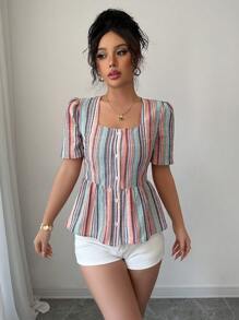 Elenzga Women's Casual Elegant French Romantic Slim Fit Ruffle Trim Striped Short Sleeve Blouse