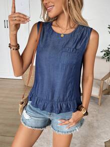 EMERY ROSE 女士度假休闲纯色荷叶边下摆吊带背心