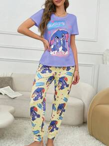SHEIN Rabbit Pattern Color Block Round Neck Women Pajama Set - Multicolor - View 3
