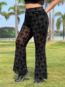 SHEIN EZwear Plus Size Women Flower Mesh Flare Pants - Black - View 3