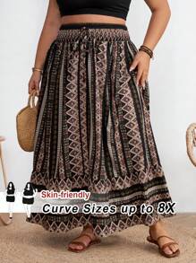 SHEIN CURVE+ Jupe évasée A-Line avec patchwork rayé à nouer à la taille, convient pour les vacances d'été à la plage en mode bohème