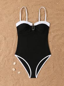 Traje de baño de una sola pieza ajustado de estilo minimalista para niñas adolescentes - Blanco y Negro - Ver 6