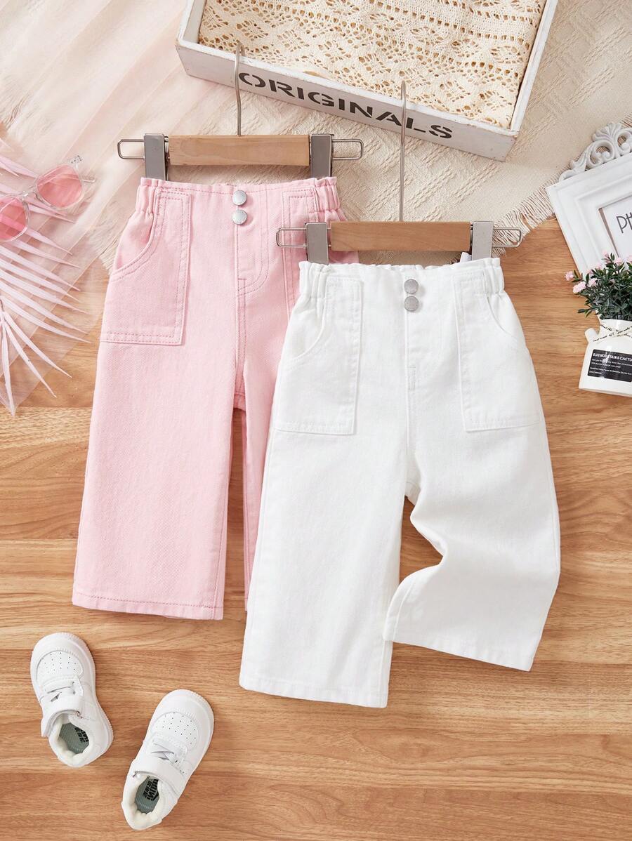 SHEIN Bộ 2 món quần jeans ống đứng rộng màu trắng và hồng cho bé gái, thích hợp mặc đi nghỉ mát mùa xuân hè, phong cách đồng quê boho, đi biển cho bé, phong cách đường phố miền Tây cho bé gái, kỳ nghỉ xuân, quần jeans denim dự tiệc rave - Nhiều màu - Xem 1
