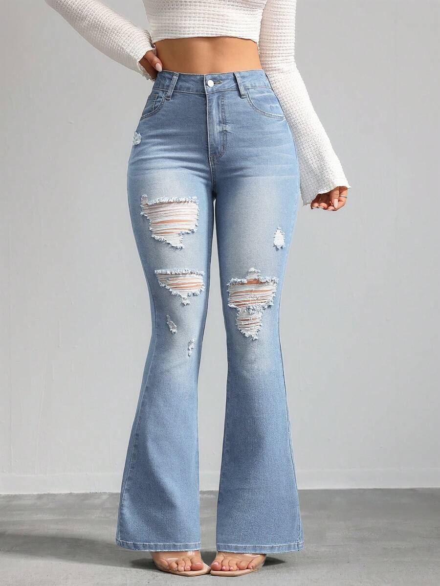 SHEIN Tall 女士牛仔裤 紧身弹力破洞喇叭裤 蓝色高腰紧身喇叭裤 牛仔裤 女式紧身裤 牛仔布 喇叭裤 紧身裤 女式紧身裤 喇叭裤 - 淺色水洗藍 - 查看 1