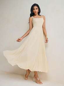 Harshal Khanderia 女士米色夏季纯色雪纺褶皱优雅长裙女士假日度假连衣裙 - 卡其色 - 查看 4