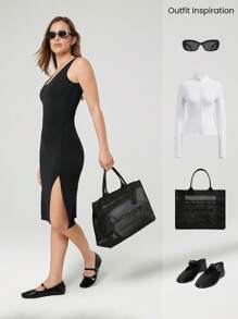 GLOWMODE Vestido casual con cuello en V de modal, bajo con abertura lateral, vestido deportivo con copas desmontables para uso diario - Negro - Ver 5