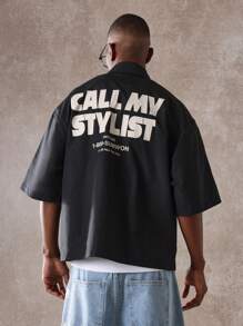 Sumwon Lifestyle Statement Short Sleeve Boxy Fit Fashion Shirt With Cool Urban Back Graphic Print, Streetwear Casual Button Up Shirt For Daily Fashion - Black - View 1
