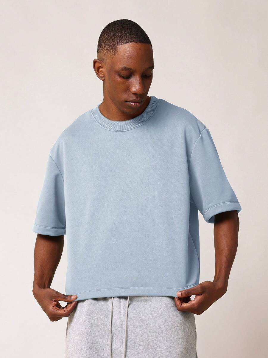 SUMWON Áo thun dáng hộp crop top thường ngày quá khổ tay ngắn thể thao tập luyện mùa hè thời trang đường phố thời trang đô thị tối giản thiết yếu cơ bản hàng ngày thoải mái vừa vặn - Màu xanh bụi bặm - Xem 1