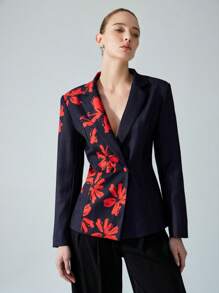 Aveloria Modichic Red & Black Color Block Floral Print Backless Sexy Fitted Double Button Blazer, Versatile For Commute, Party, High-End - Multicolor - View 4