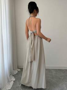 Rafferiza Halter Lace Up Backless A-Line Dress - Grey - View 2