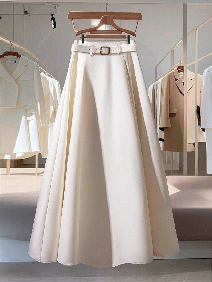 Franclia 女士纯色优雅高腰百褶裙，适合通勤 - 杏色 - 查看 1