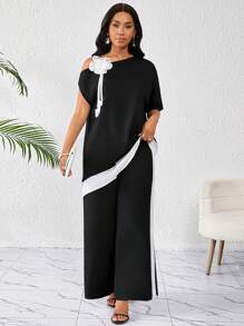 SHEIN Lady Conjunto de dos piezas para mujer con diseño asimétrico con hombros cortados y estampado floral tridimensional elegante en blanco y negro, apto para bodas, cumpleaños, vacaciones y eventos de verano