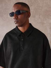 Camisa polo premium Sudette de ajuste oversize, de manga corta, casual, deportiva, diseño contemporáneo, ropa urbana y esencial para hombres, colección primavera verano - Negro - Ver 3