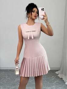 Elenzga 无袖蝴蝶结收腰优雅法式百搭连衣裙，粉色