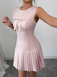 Elenzga 无袖蝴蝶结收腰优雅法式百搭连衣裙，粉色