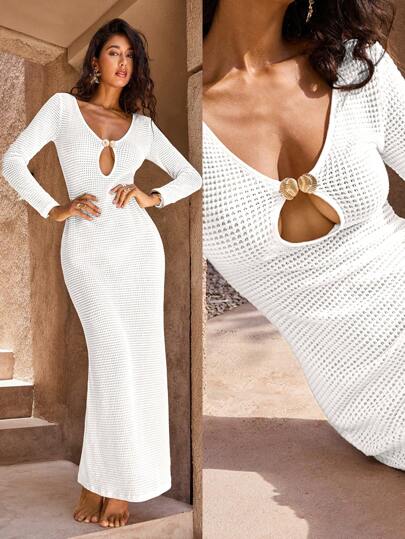 Opulessa Fall And Winter Christmas Wedding Cocktail Party Formal Gown 1pc Women's Solid Color Knit V-Neck Long Sleeve Fishtail Dress, For Vacation,Bohemia