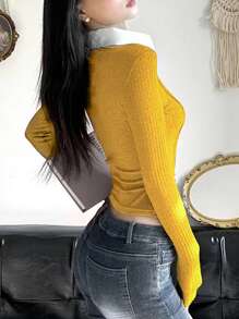 Koszulka polo z kołnierzykiem w kontrastowym kolorze, z marszczeniami i długim rękawem 2 w 1