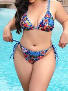 SHEIN Swim Curve Plus Size Women's Printed Halter Swimwear Tankini Set With Drawstring Bottom, Bohemian Style For Pool & Beach