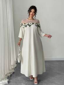 SHEIN Clasi Abito elegante e ampio con inserti in pizzo, disponibile anche in taglie comode per donne - Albicocca - Visualizzare 3