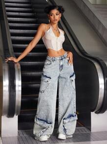 SHEIN ICON 女士休闲洗水阔腿工装牛仔裤 - 藍色 - 查看 3