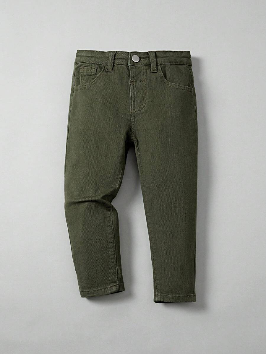 Toddlers Neutral Casual Minimalist School Style 5-Pocket Straight Leg All-Match Jeans, Daily Versatile Fashion Item - Army Green - View 1