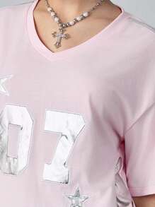 ROMWE Avant T-shirt patchwork en tissu argenté avec graphique de football rétro Y2K pour femmes