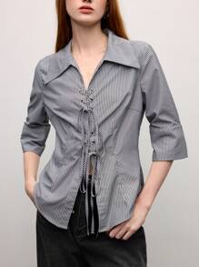 BizChic Nouvelle chemisier rayé à manches 3/4 avec ceinture à la taille, élégant pour le travail, les sorties, les trajets domicile-travail ou les vacances, pour femmes, printemps/été - Noir et Blanc - Voir 5