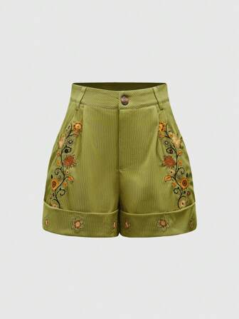 Hippie Shorts de mujer estilo bohemio con pliegues, bolsillos y estampado floral