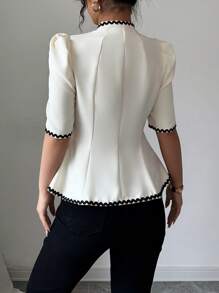 Elenzga 女士撞色饰边短袖衬衫，简约时尚，适合夏季 - 米色 - 查看 2