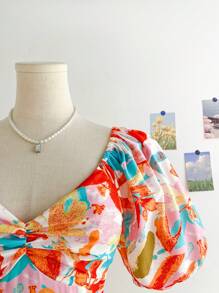 Soleia 女士彩色花卉印花泡泡袖荷叶边下摆浪漫度假连衣裙，适合春季、婚礼、毕业典礼、返校派对、休闲、单身派对、复古、夏季、热带图案 - 彩色 - 查看 3