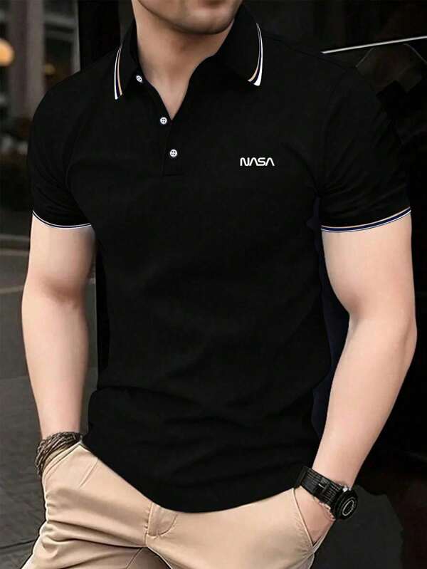 Camisa de polo de hombre con cuello abotonado y estampado de letras