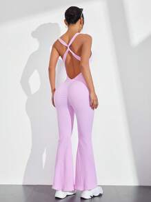 Easithlete Women's Solid Color Cross Back Design Flare Sports Yoga Pants For Daily Workout - Pink - View 3